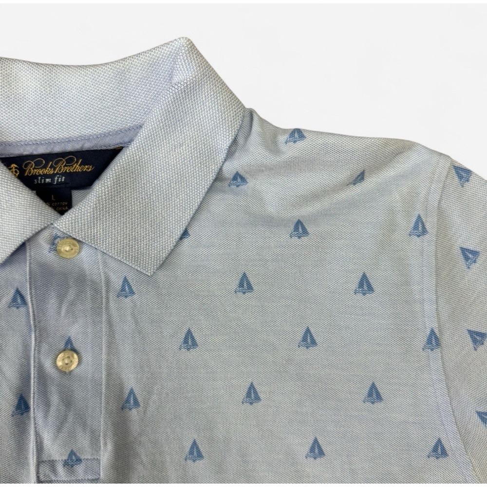 Brooks Brothers Slim Fit Polo Shirt L Gray Blue Sailboat Print Cotton